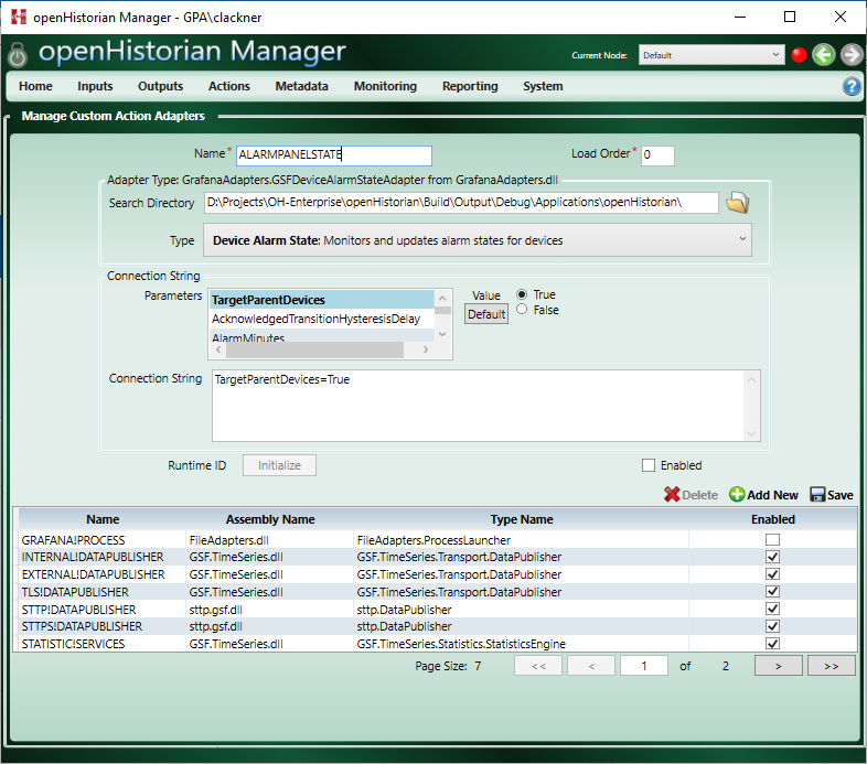 openHistorian Manager Adapter Settings