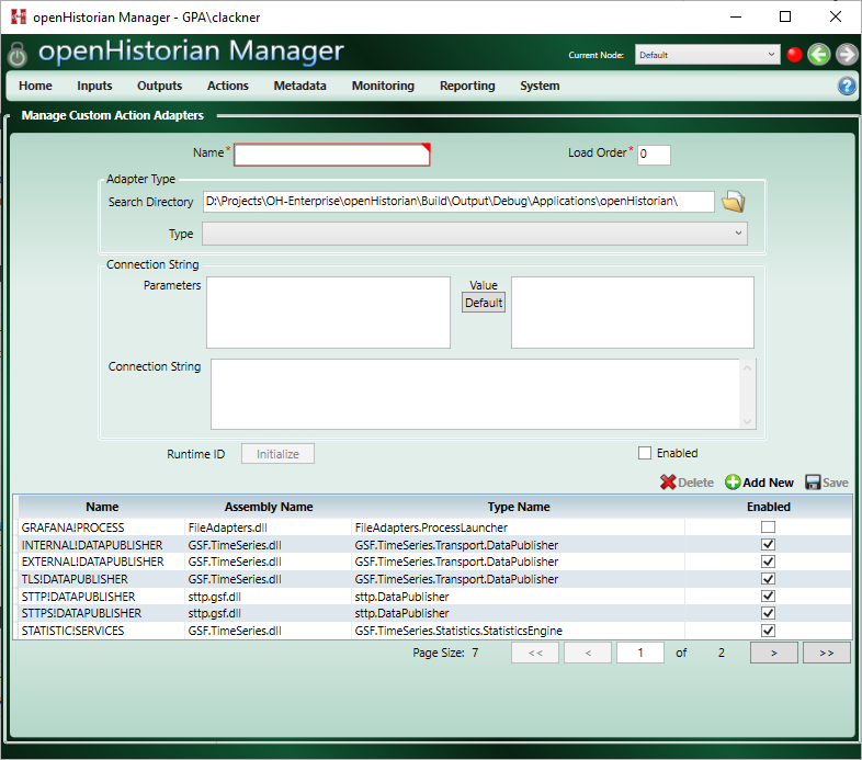 openHistorian Manager Add New Adapter